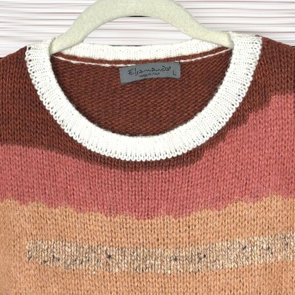 Elsamanda Italy Terracotta Rust White Crew Neck Wool Blend Воху Sweater L - Picture 4 of 12